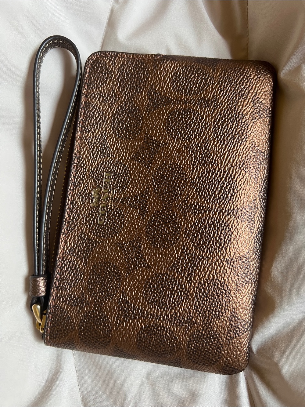 Coach Metallic Bronze Pebble Leather Wristlet